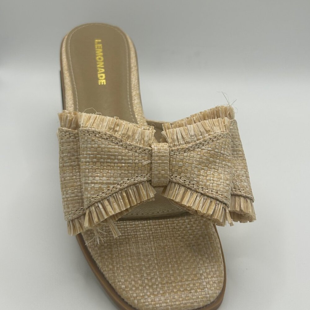 RS56 Resort Stay - Raffia Bow Sandals, Beach Slide, Summer Flat Natural